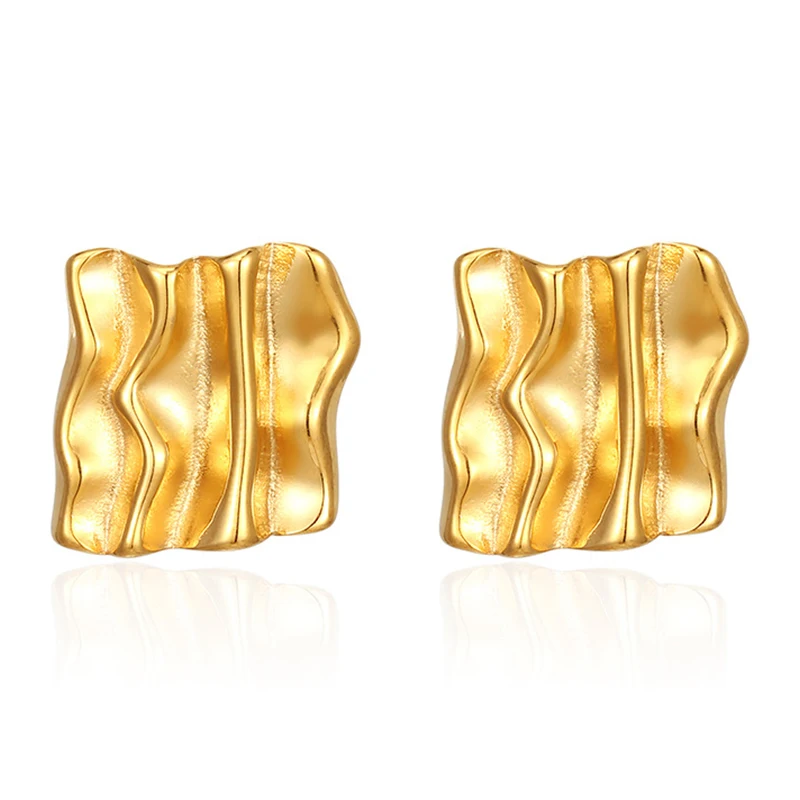 PAPERPLUS Pendientes cuadrados plisados de acero inoxidable para mujer, joyería de moda dorada, lujo ligero para niñas
