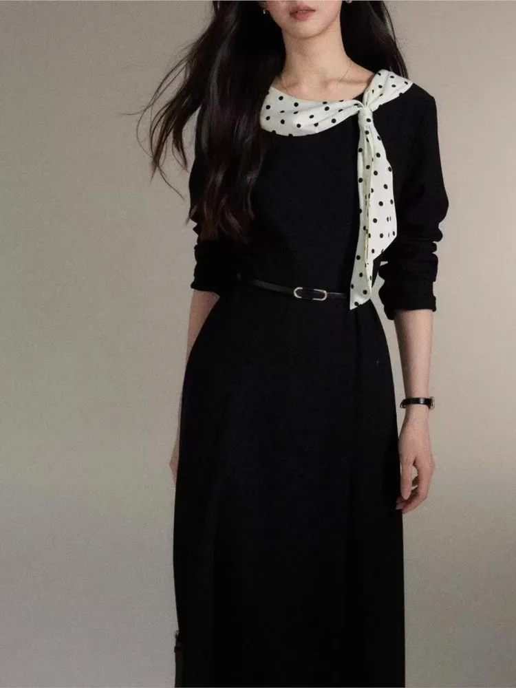 

Patchwork Dress Long Sleeves Vestidos Polka Dot Party Dresses Contrast Vestido Slim Vintage Elegant Temperament French All-match