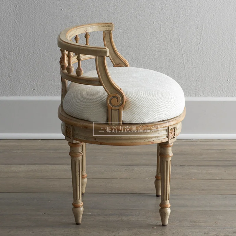 Rustic dressing stool full solid wood bedroom retro nostalgic soft bag white low back round makeup stool custom