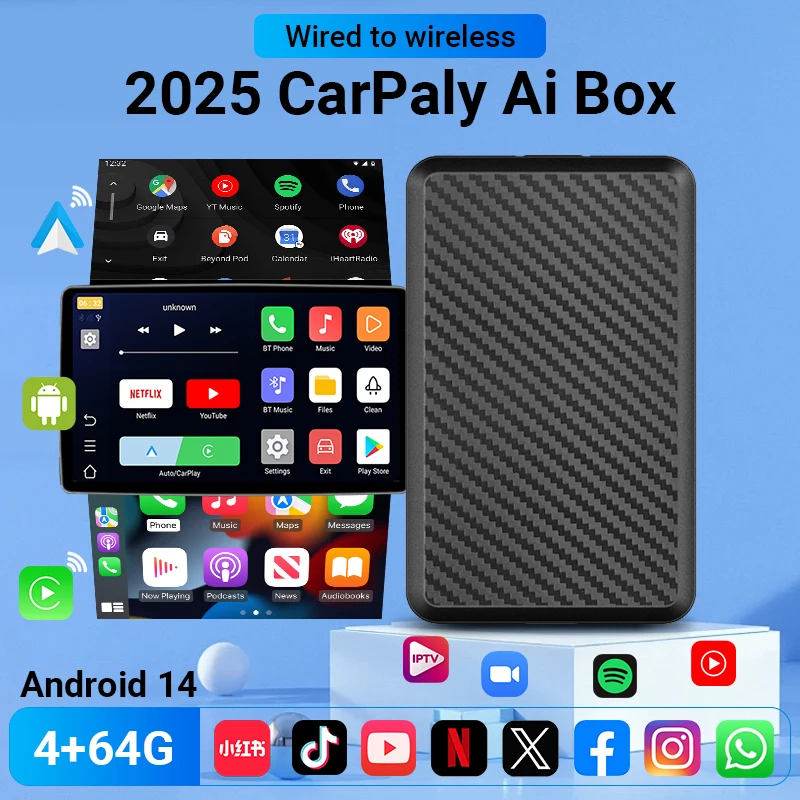 Android14 Wired to Wireless CarPlay Ai Box Android Auto 3in1 For Youtube Nexflit 4Cores 4G+64G Plug and Play For Audi Mazda Benz