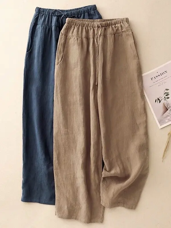 

High Waist Loose Fit Elastic Waist Harlan Pants Vintage Casual Nine Point Pants Slimming Zen Style Women's plus Size Trousers