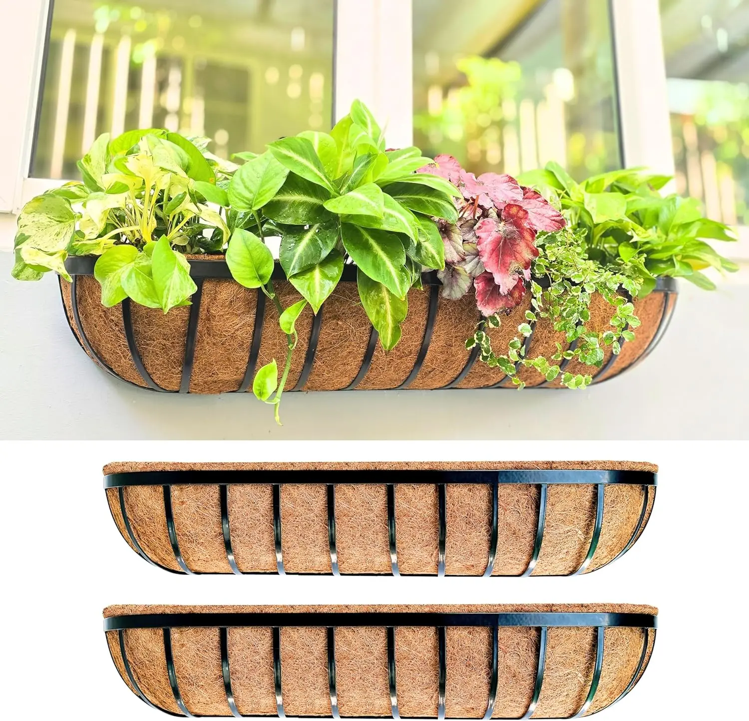 

Large 36 Inch Wall Planter Box 2-Pack with Coco Liners for Outdoor Plants, Balcony Fence Patio Rail