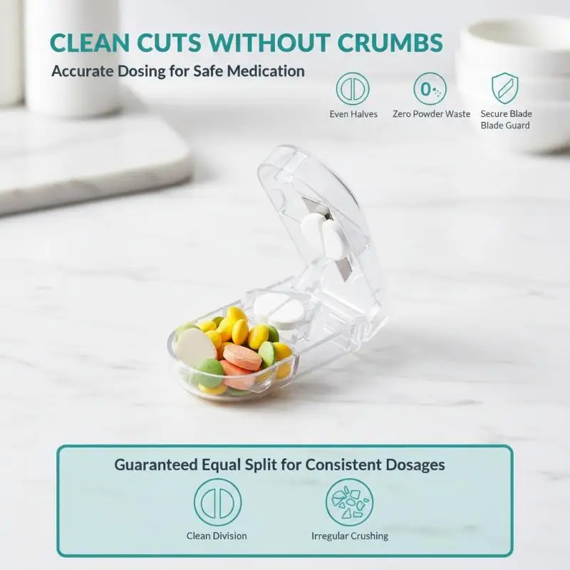 Pill Splitter Cutter Sharp Blade BPA Free Food Grade Plastic Built-in Storage Pocket Size for Travel Home Use