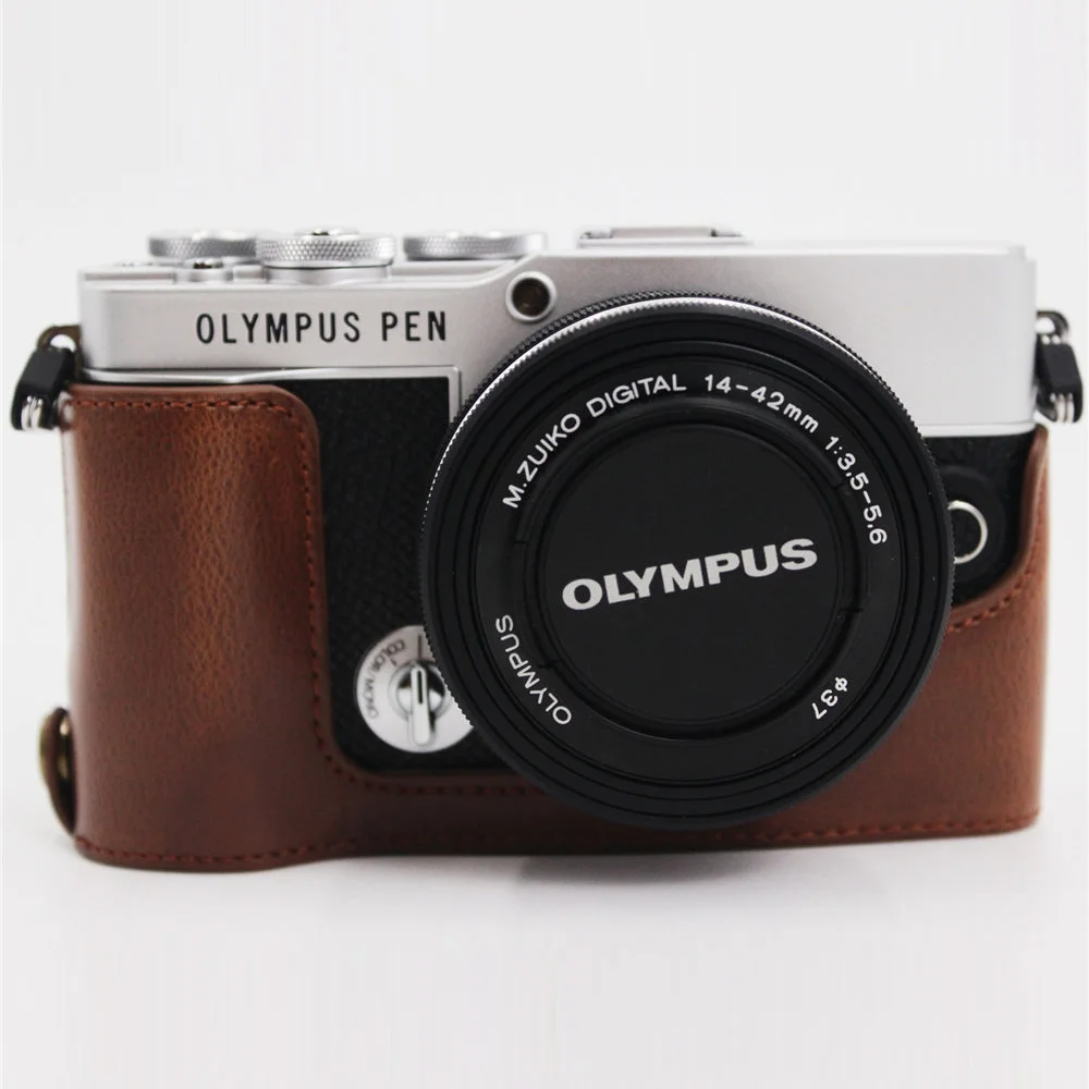 PU Leather Camera Bag Half Body Case For Olympus PEN E-P7 EP7 Bottom Cover Battery Opening