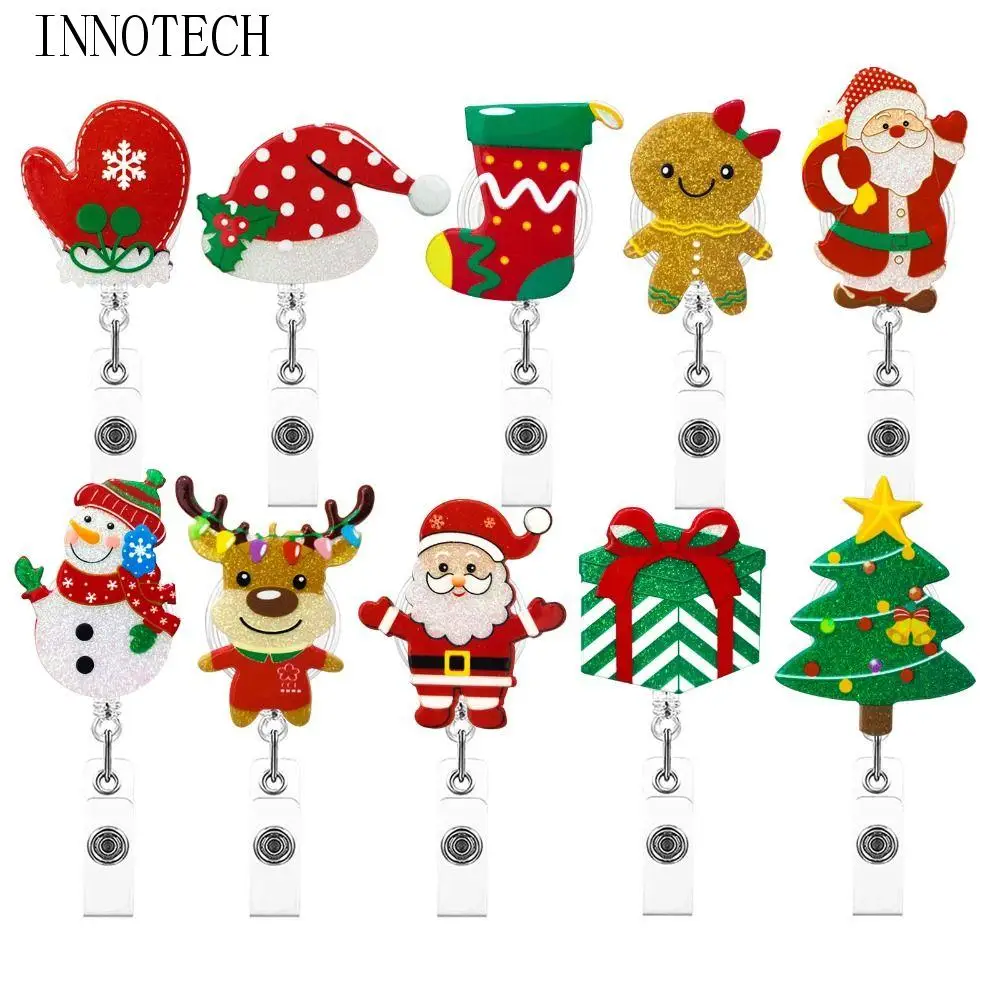 

Acrylic Christmas Badge Reel Snowman Elk Gingerbread Retractable Badge Holder Cartoon Santa Claus ID Card Holder Doctor Student