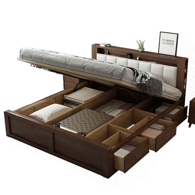 

Кровать из массива дерева с подъемным механизмом и ящиками для хранения, современная простая двуспальная кровать