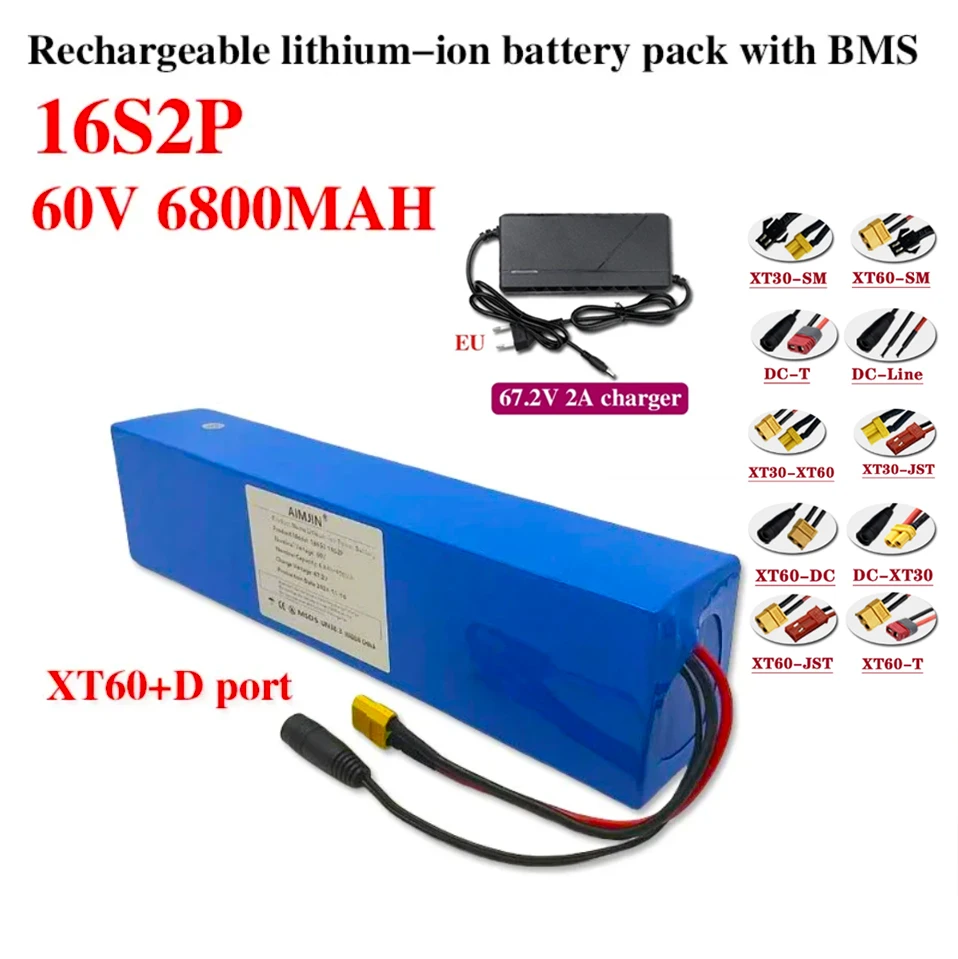 Bike Scooter 18650 Lithium Ion 16S2P Battery Pack New 60V 6800mAH 6.8Ah E-Bike With BMS + 67.2V Charger