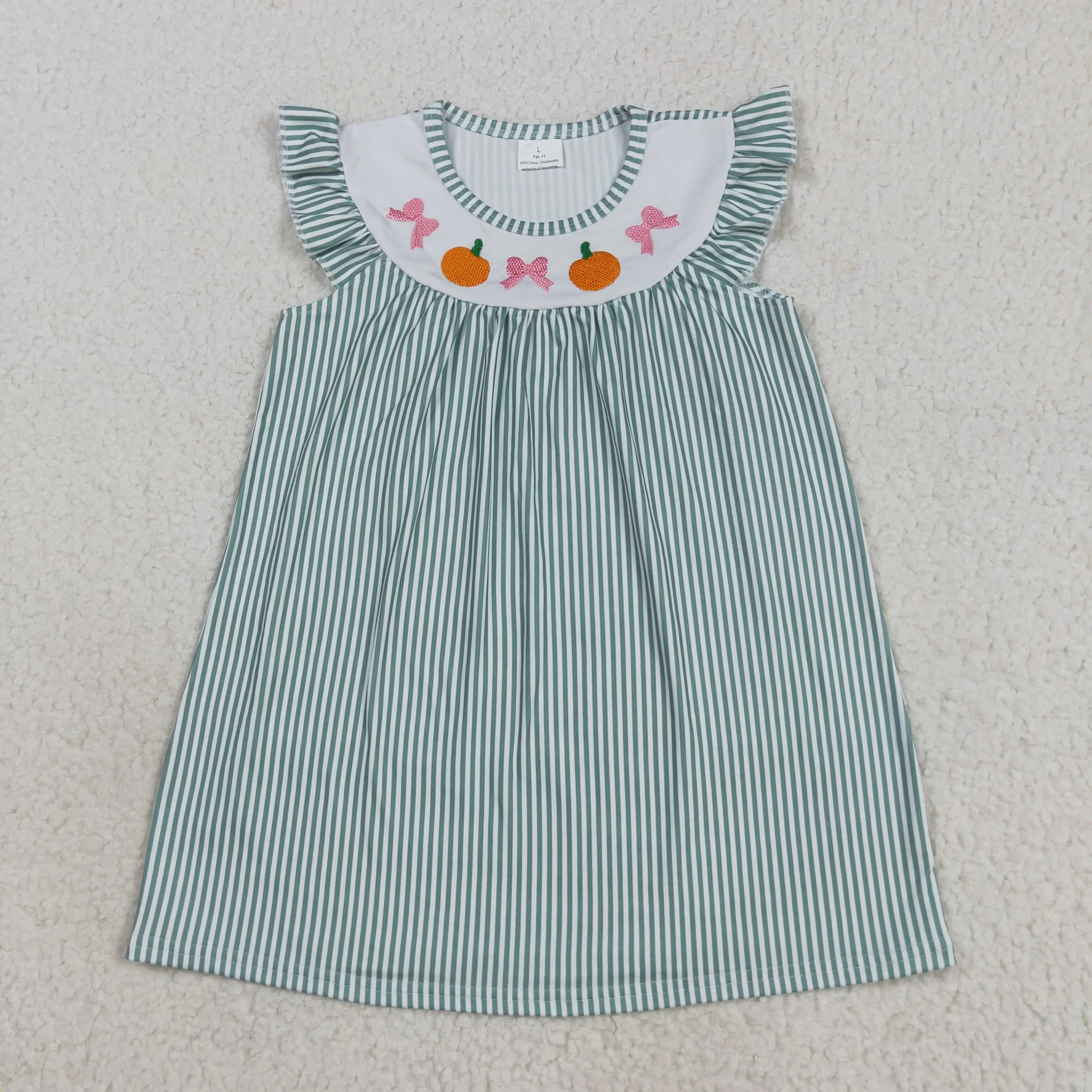 

New rts girls dress wholesale boutique embroidered bow pattern pumpkin green striped flying sleeve baby girl dress