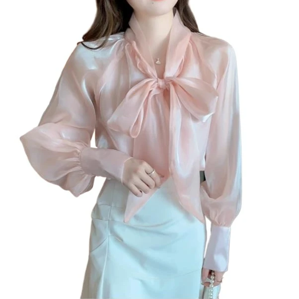 

Осенняя новая женская французская блузка, свободная элегантная рубашка с галстуком-бабочкой и длинным рукавом