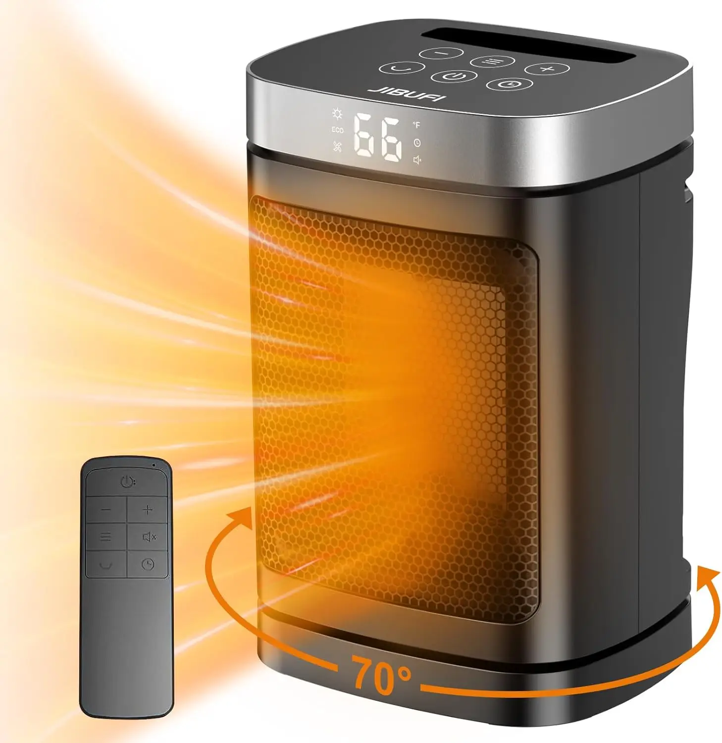 

Portable 1500W PTC Heater with 70° Rotation, Remote Control, 1-12H Timer for Bedroom & Office