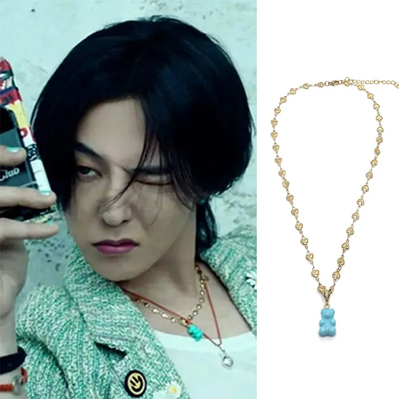 GD Crystal Bear Lollipop Pendant Necklace Multicolor Korean Style Titanium Steel Unisex Fashion Jewelry  out