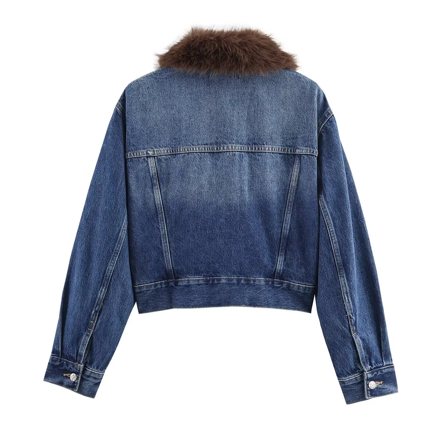 Dark Wash Denim Jacket with Removable Faux Fur Collar Women Cropped Long Sleeve Casual Y2K Korean Fashion Cowboy Coat