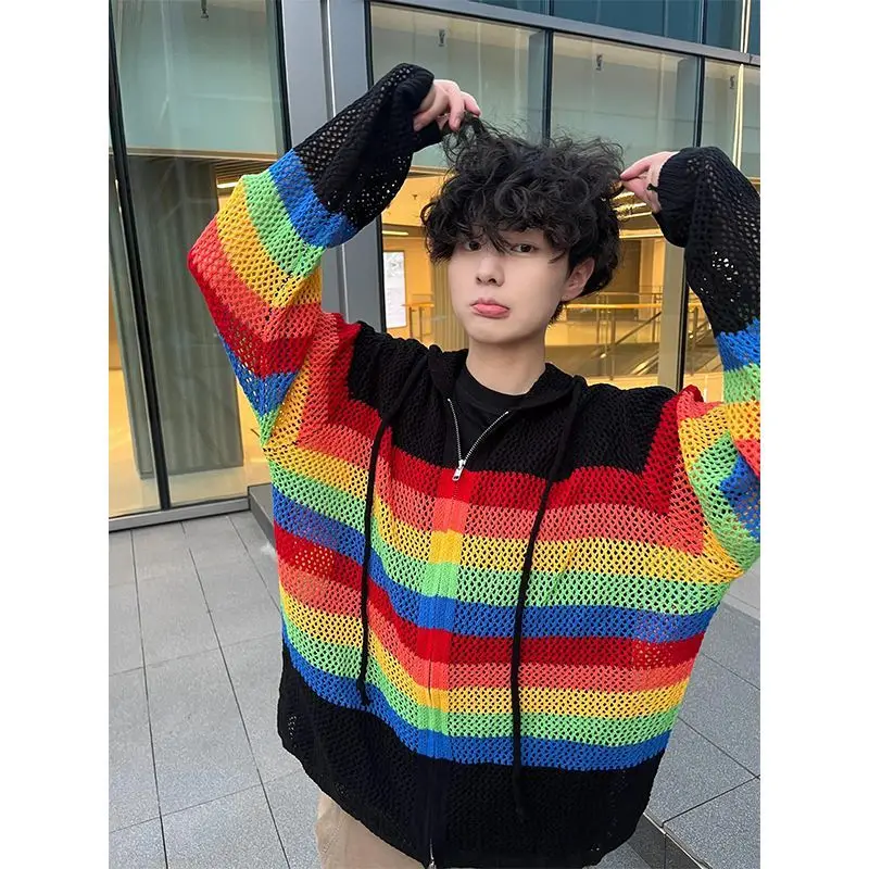 

Rainbow Striped Print Hit Color Men Long Sleeve Knitted Hooded T Shirts Hollow Out Fall Zipper Sun Protection Oversized Clothing
