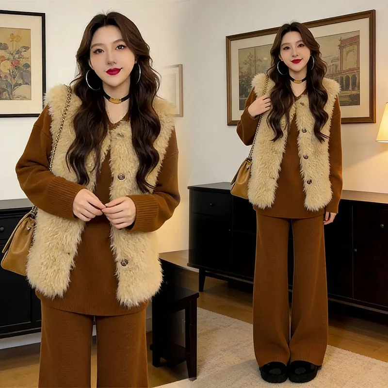 

Korean Sle Anti-Aging Spring Commute Sle Women's Furry Vest High Waist Wide Leg Pants Tee-Piece Set Casual Faion