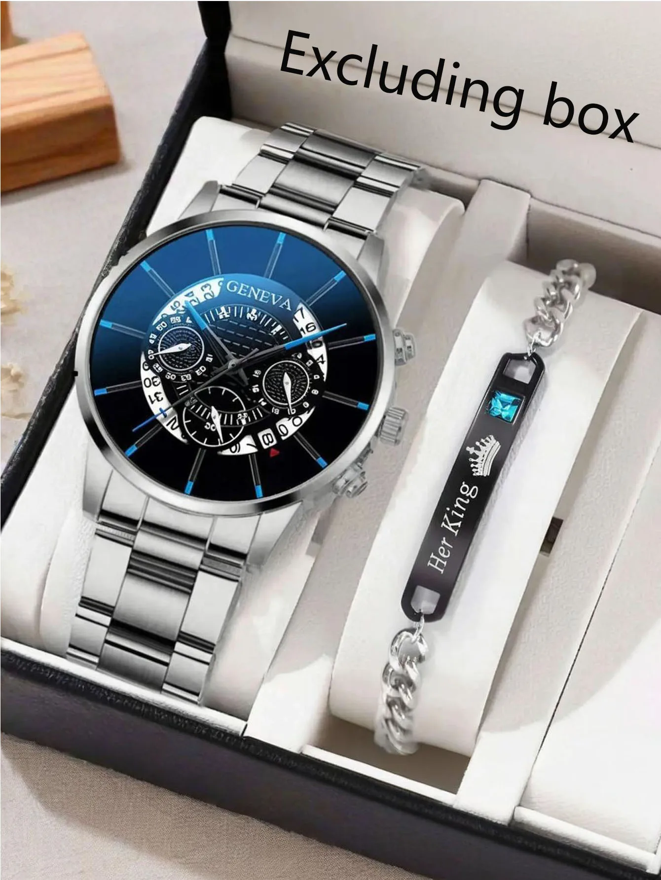 2 pieces/set Classic Fashion Men's Calendar Watch Sports Steel Belt Watch Watch Bracelet Combination