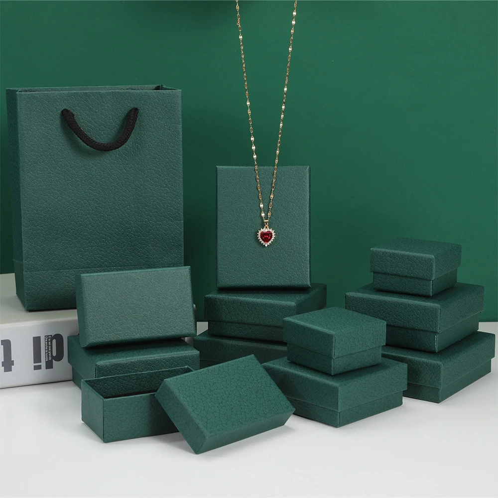 

24-Pack Bulk Jewelry Boxes Case DIY Boutique Jewelry Store Best Package Box Dark Green Litchi Stria Paper Box with Black Sponge