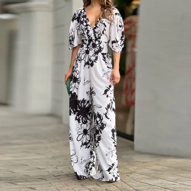 2024 Zomer Nieuwe Damesmode Elegante Print Losse Vleermuismouwen Jumpsuit Met Hoge Taille