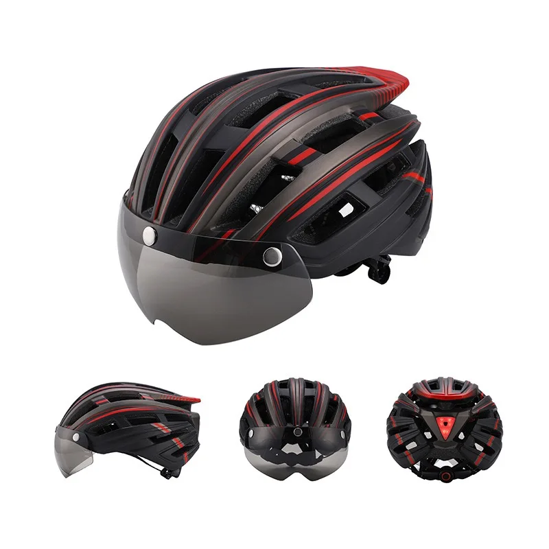 Sports MTB Moutain Road Bike Helmet with led tail lights lens goggles Cycling Helmet magnetic glasses removable Bicycle helmet