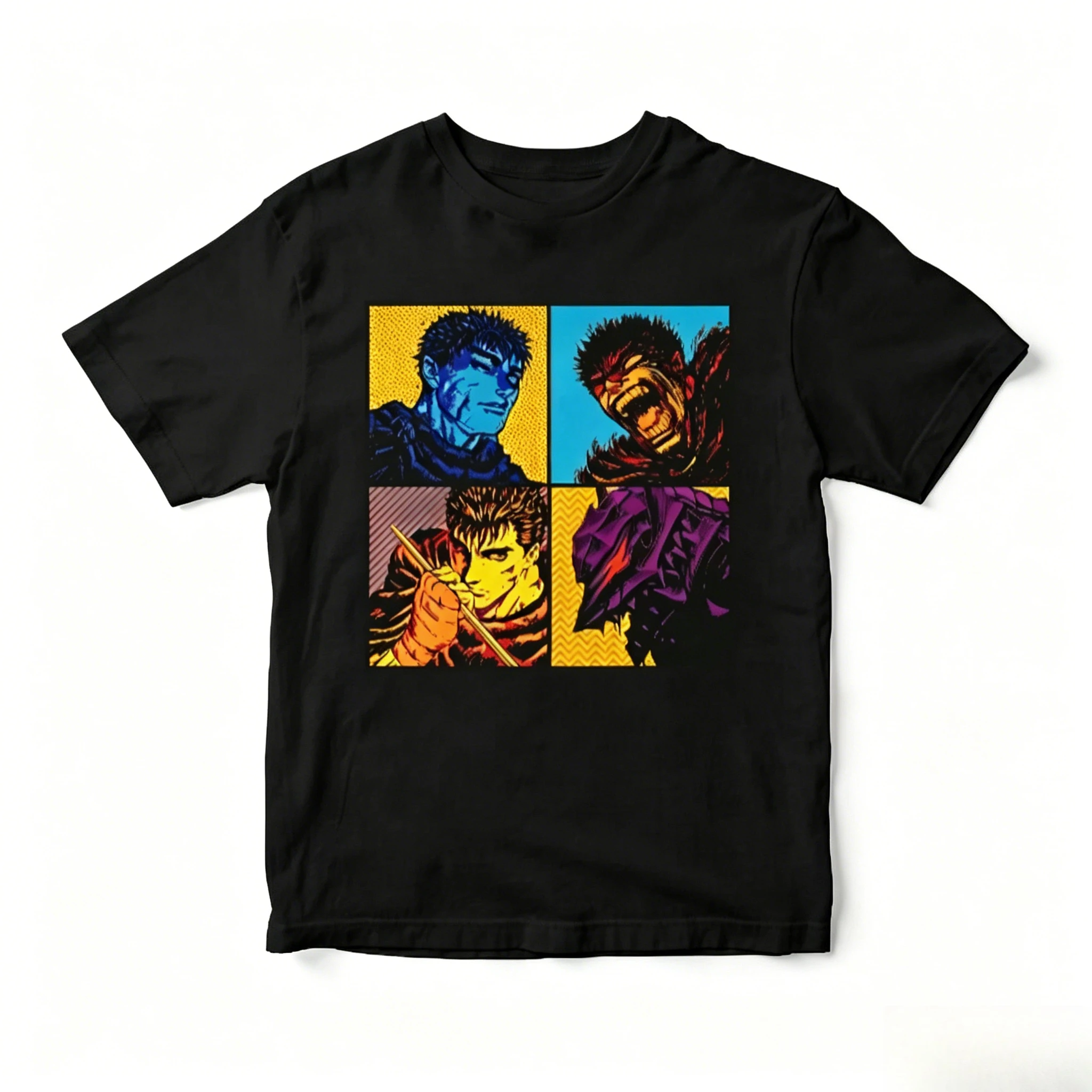 

2026 summer Berserk Guts Pop Art Quad Panel Anime T-Shirt Unisex Oversized Streetwear Cotton Short Sleeve Casual Tops
