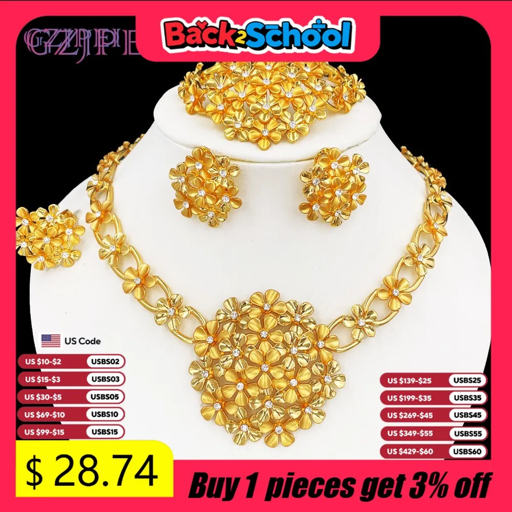 GZJPEI Africal Big Flower Jewelry Set Dubai Nigeria Wedding Gifts 18K Gold Plated Large Pendant Necklace Bracelet Earring Rings