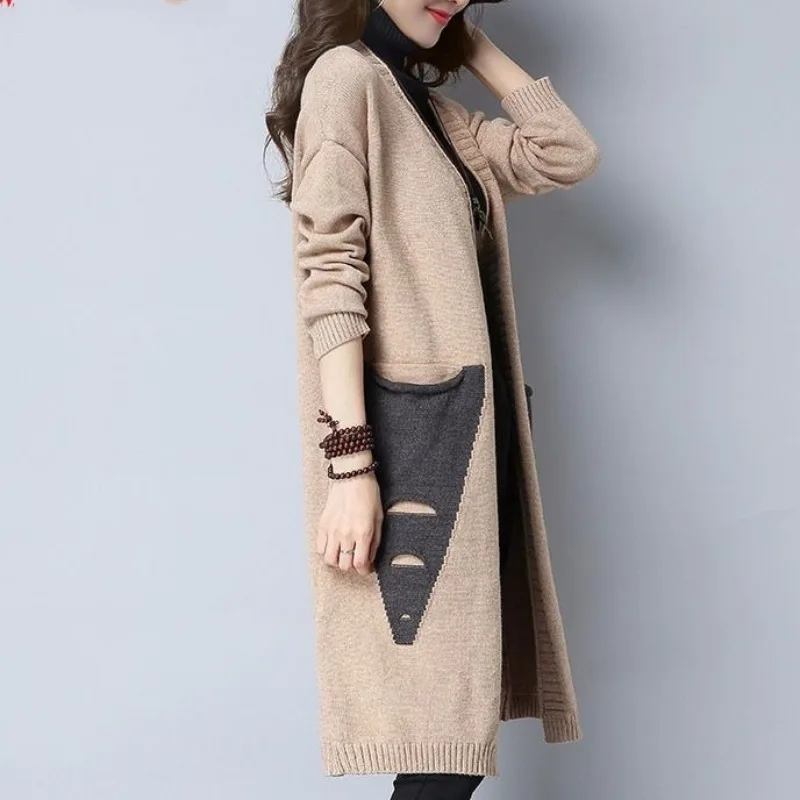 Women\'s Sweaters Cardigan Midi Sweater Autumn and Winter New Korean V-neck Long Sleeve Pocket Patchwork Knitted Stylish Coat