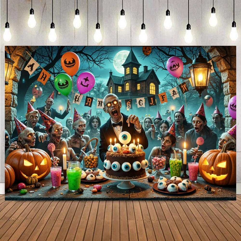 Halloween Eve Photography Backgrounds Horror Night Moon Forest Castle Pumpkin Lights Skeleton Decor Family Party Banner Backdrop