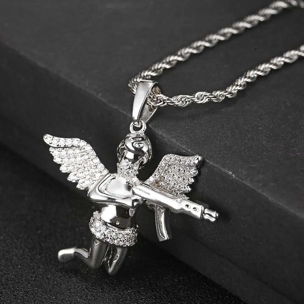 Hip Hop Jewelry Vengeance Angel With Gun Wings Pendant Necklace CZ Angel Wing Charm Pendant For Both Woman Men ﻿