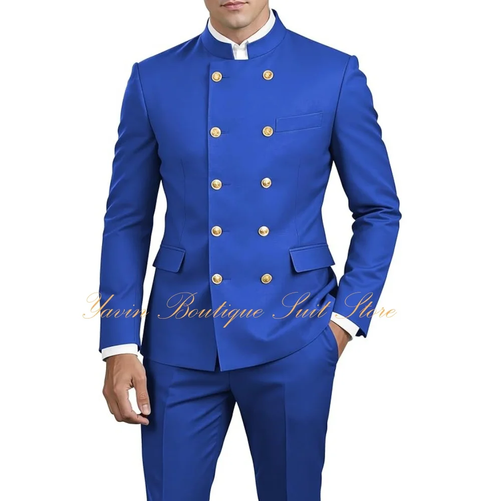 Chinese Tunic Suit 2 Piece Stand Collar Suits Men Gold Button Jacket Pant Set Traditional Uniform Suit for Men