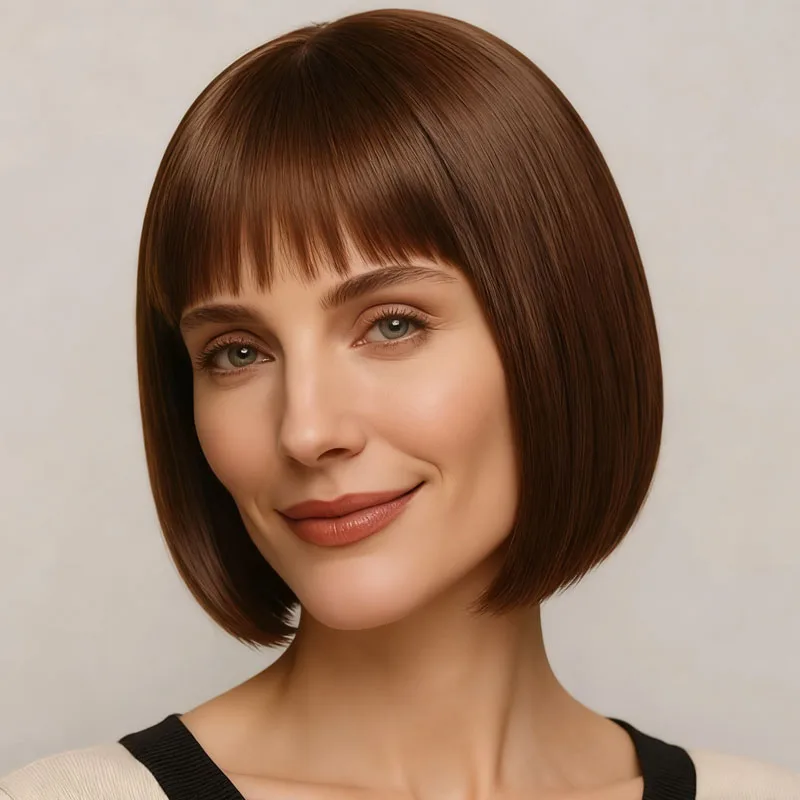 

Elegant dark brown 12 inch synthetic wig, paired with straight hair, suitable for daily use at role-playing parties