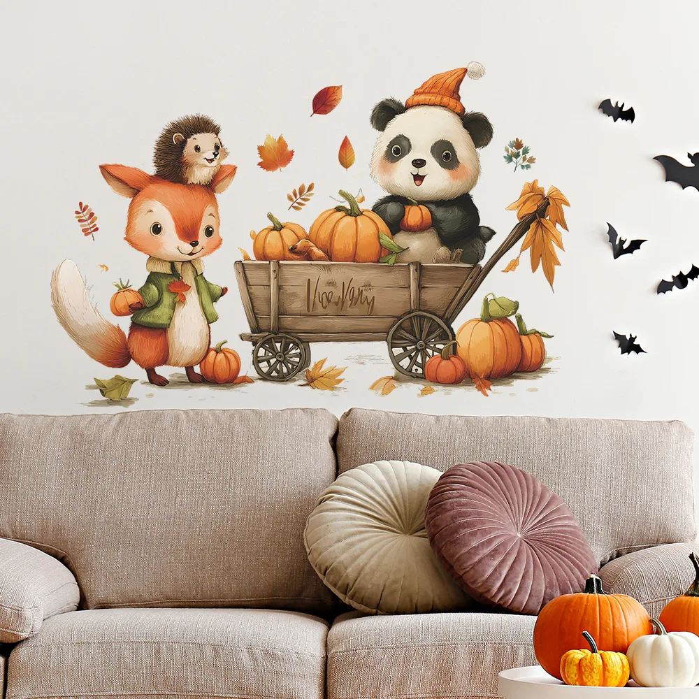 

Cartoon Pumpkin Panda Fox Hedgehog Wall Sticker Kids Room Background Decoration Mural Living Room Beautify Self-adhesive Decals