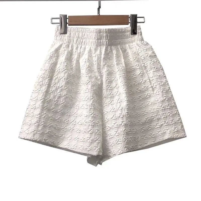 

Korean New Summer Women's Solid Jacquard Weave Elastic High Waist Simplicity Versatile Loose A-line Knee Length Wide Leg Shorts