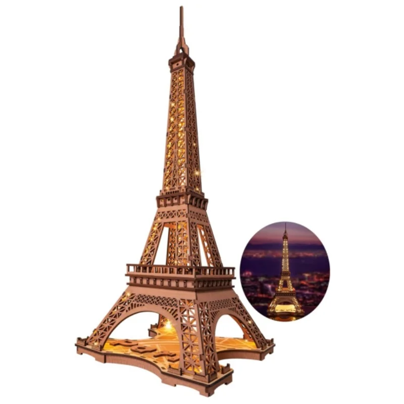 Robotime Eiffel Tower Craft Kit 3D Puzzle DIY Model Building Kit with LED Light Brain Teaser Gifts for Kids Teens Adult