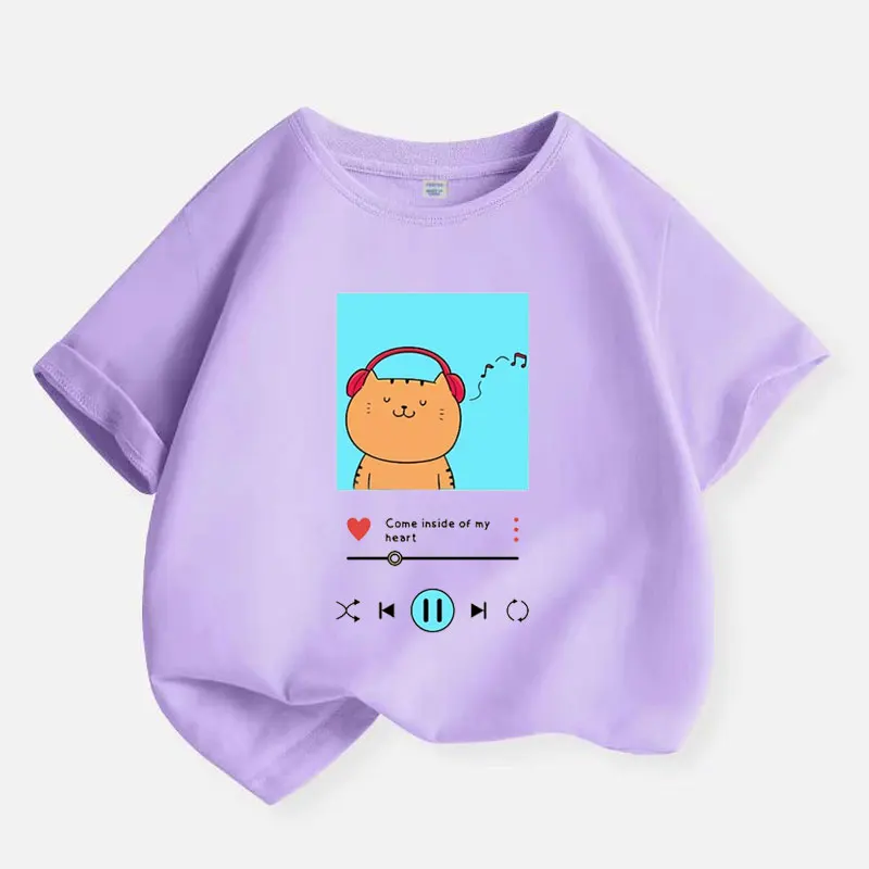 Cat listening To Music T-shirt for Girls Cotton Kids T Shirt Trend Children Casual Clothes Teen Baby Girl Y2K Tops  8 10 12Years