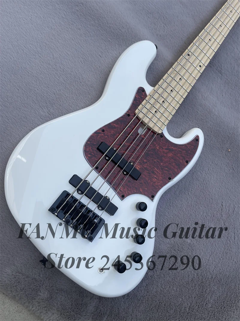 White bass 5-string electric bass basswood body Maple Neck Black inlay Thickened bridge active passive switch Red tortoise shell