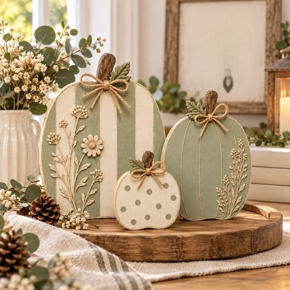 3 pcs Dots Flower Wooden Pumpkin Ornaments Autumn Harvest Home Decor Halloween Ornaments Vintage Thanksgiving Tabletop Ornament