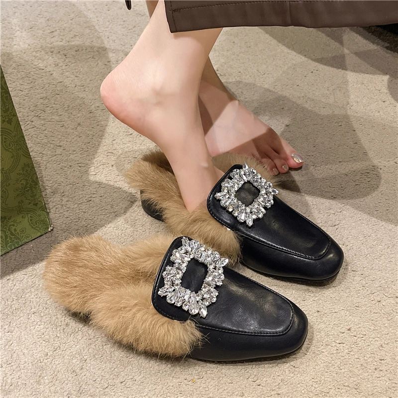 Ladies Indoor Casual Slippers Winter Women Outdoor Fleece Warm Slippers Low Female Mule Fashion Slippers for Women Comfortable