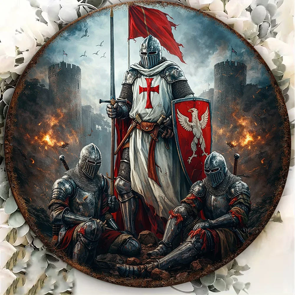 2D Metal Sign 8x8in Round Aluminum Plate Retro Medieval Knight Templar Decor for Bar Game Room Living Room Gift
