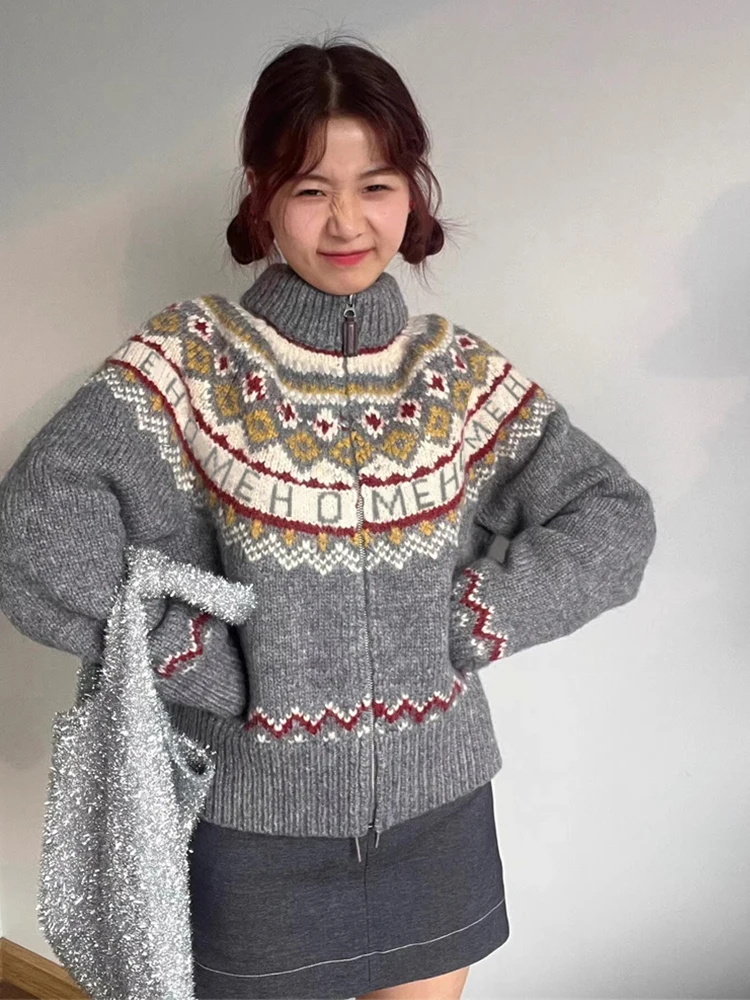 เสื้อไหมพรมถักลาย Fair Isle สำหรับผู้หญิง ฤดูใบไม้ร่วง ฤดูหนาว สไตล์เรโทร สบายๆ เสื้อคลุมคาร์ดิแกนถักสำหรับผู้หญิง
