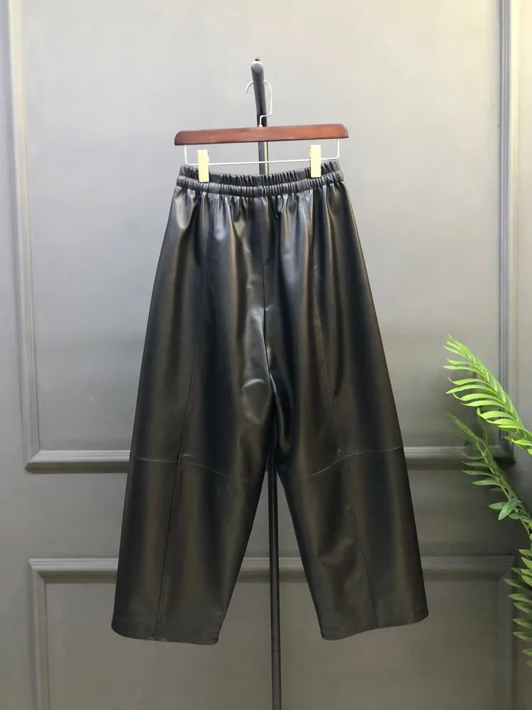 Women Black Genuine Leather Pants Elasitc Waist Casual Loose Fit Harem Pants Fashion Streetwear Lady Natural Sheepskin Trousers