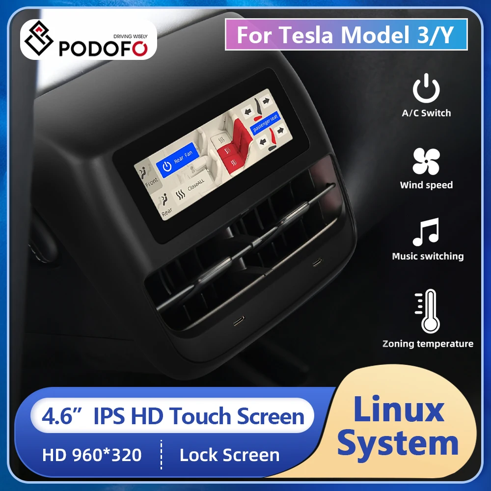 

Podofo Rear Seat Display For Tesla Model 3/Y 2019-2023 4.6inch Touch Screen Air Conditioning Control Adjust Seat Heat USB TYPE-C