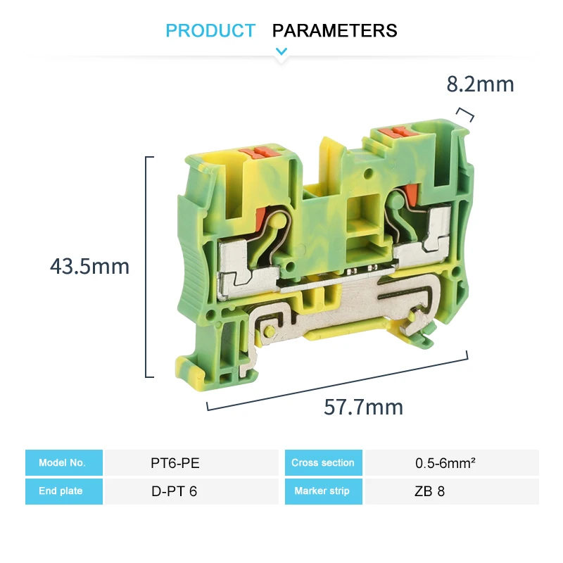 PT6-PE Push-in 6mm² Ground Din Rail Terminal Block Feed-Through Protective Earth Strip Plug Wire Electrical Connector PT 6-PE