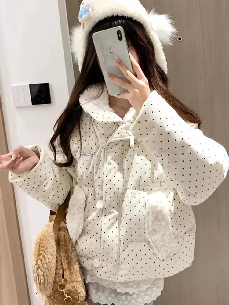 Polka Dot Bianco Puffer Jaet Donna 2025 Nuovo Thiened Allentato ort Velluto a coste Tuta Sportiva Autunno Inverno Coreano Sle Pendolarismo Vento