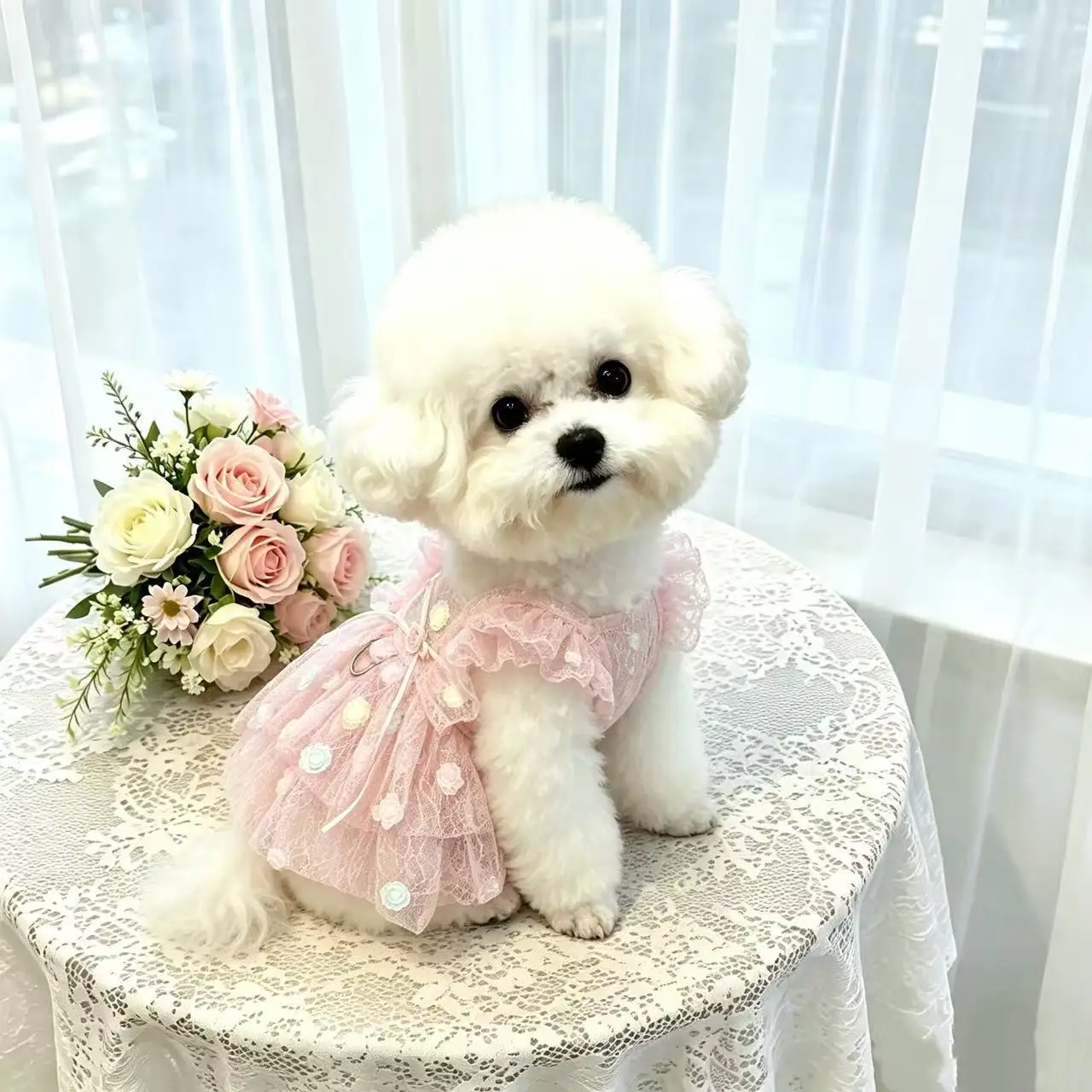 Pet Spring & Summer Chiffon Princess Three Dimensional Rose Flower Dress Small/Medium Sized Dog Teddy Bear Schnauzer Clothing