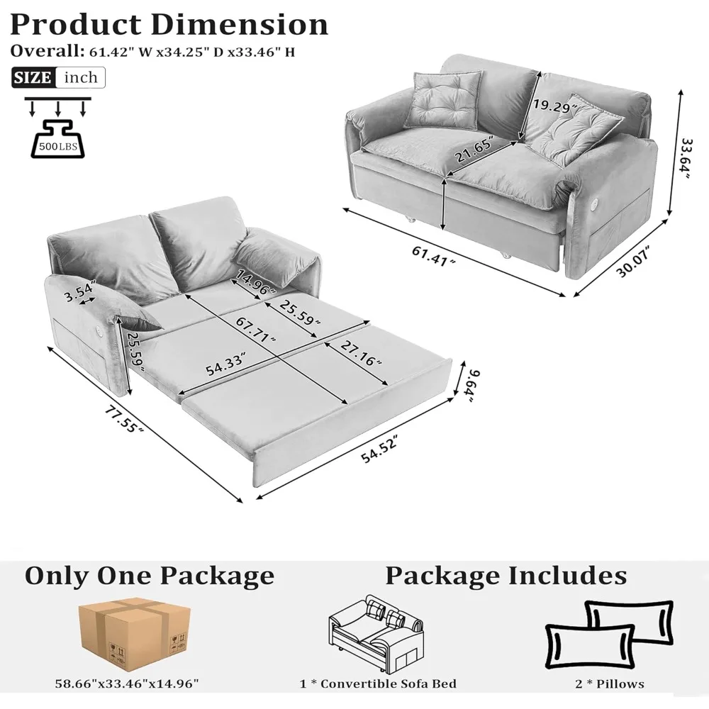 أريكة سرير فوتون حديثة قابلة للتحويل 3 في 1 مع منافذ USB، أريكة نوم بحجم كوين قابلة للسحب، مخمل مريح، جيوب جانبية، Ide #2