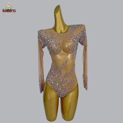 Women Fancy Leotard Rhinestones Skinny Bodysuit Club Girls Dance Show Bodysuits Bars DJ Singer Stage Costumes Sheer Mesh Leotard