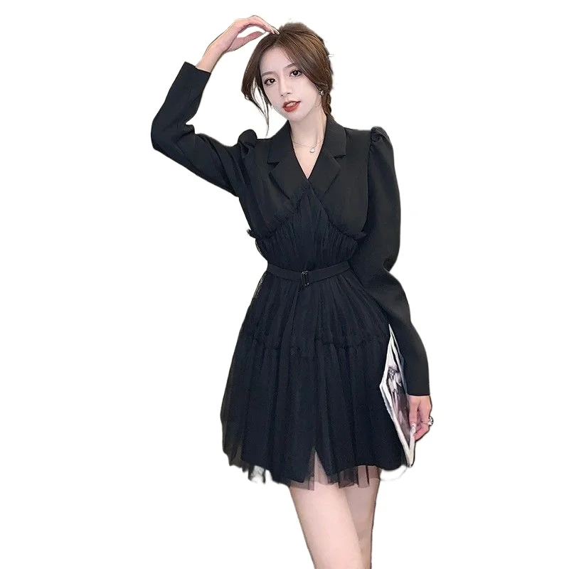 

Pure Desire Fat Mm Mesh Fluffy Dress Small Man Waist French Temperament Commuting Advanced Sense Suit Skirt Women Autumn Dresses