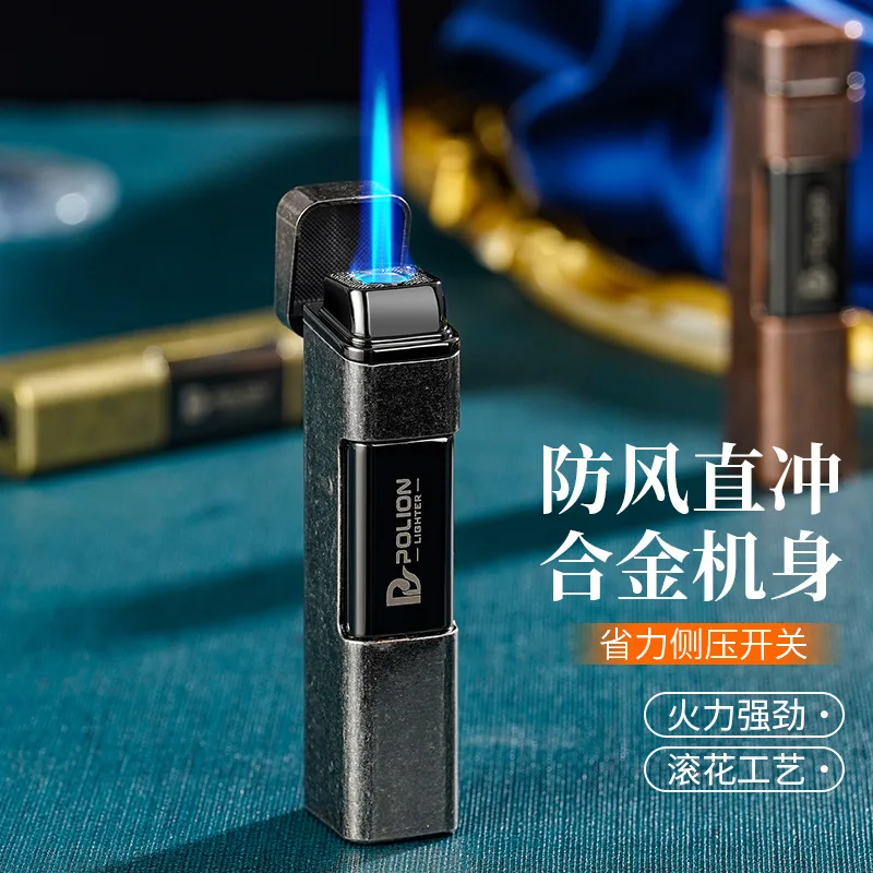 

Alloy Body Windproof Straight Jet Blue Flame Gas Lighter Portable Metal Press Personalized Trendy Men's Gift