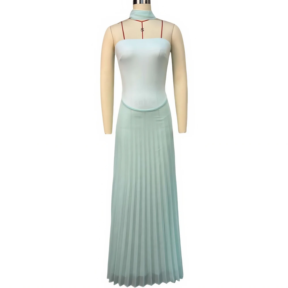 HLJ zomer elegante ruches patchwork lange jurk vrouwen strapless sjaal mouwloze geplooide maxi jurken vrouwelijke streetwear vestidos