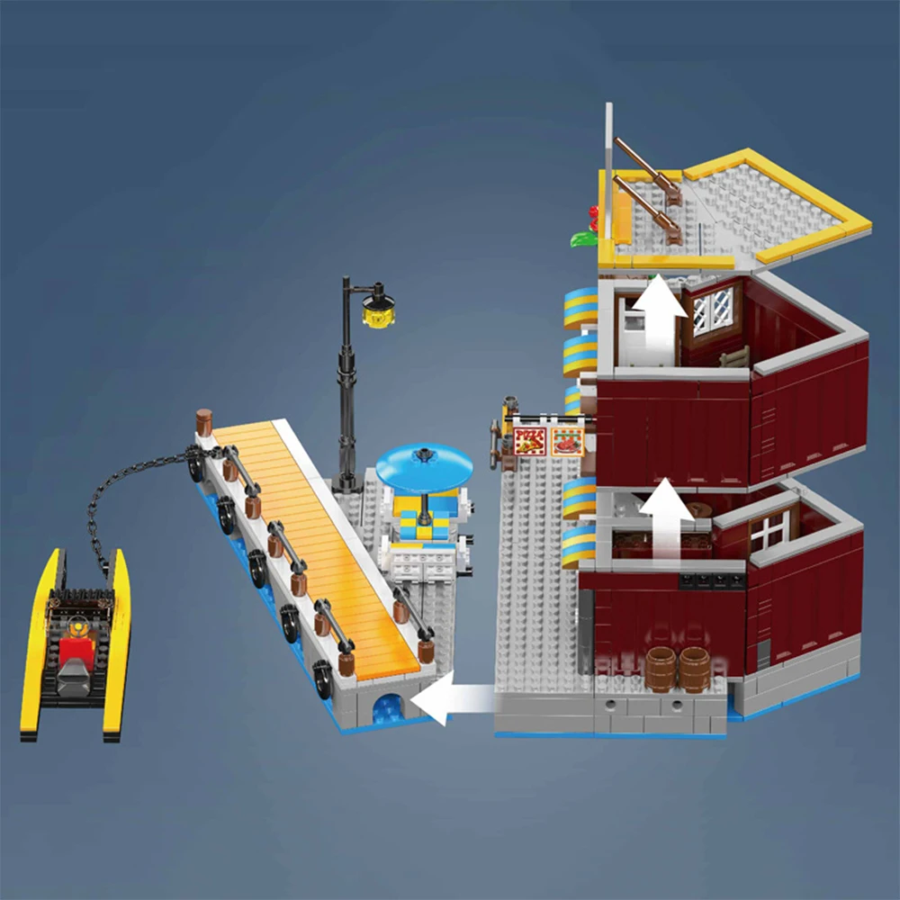 Small Architecture Seaside Restaurant Building Blocks Assembly Display Gift for Boys Girls