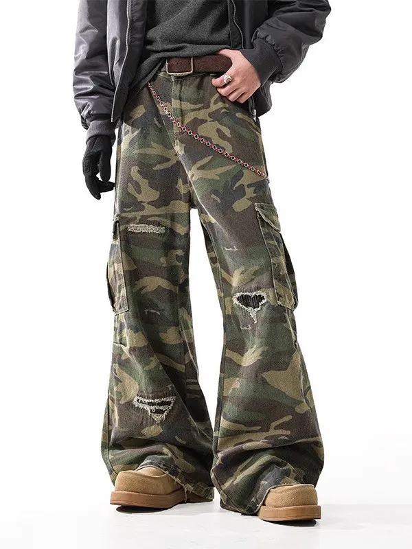 

Retro American Cleanfit Camouflage Workwear Pants High Street Straight Leg Hole Punching Women's Denim Long Trousers